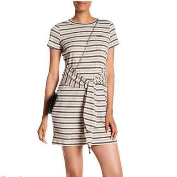 rebecca Minkoff Stripe Mary Waist Tie Dress XS Pullover Stretch Ribbed Pocket - Picture 2 of 11